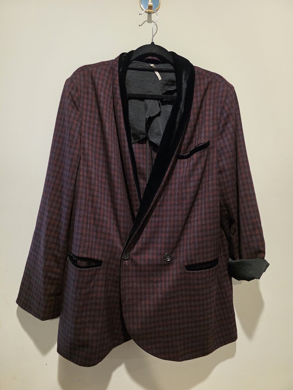 Womens Burgundy Plaid Velvet Trim Blazer Jacket
